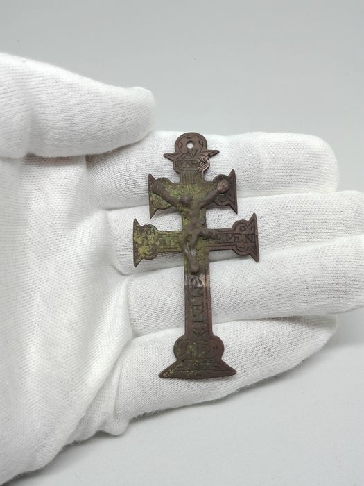 Antique double-sided Caravaca Cross, hand carved in bronze on both sides  17th - 18th century