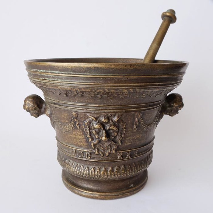 Very large decorated bronze mortar and pestle (weight around 8 kg)