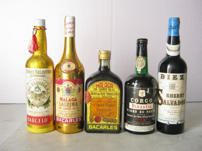 Malaga - Luis Barcelò & Malaga - Bacarles "Sanson" & Malaga - Bacarles "Lagrima" & Port Wine - Congo "Dinastia" & Sherry - Fine old Amontillado - Diez "Salvador" - 5 bottles in total

