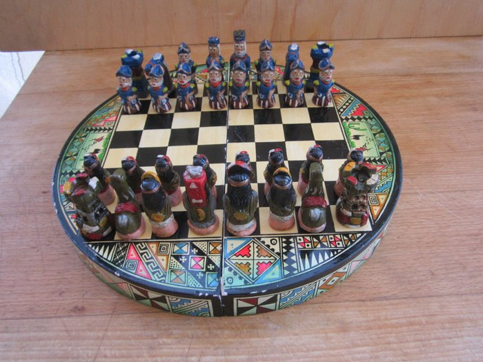 Chessboard with clay chess pieces from Peru, 19th century