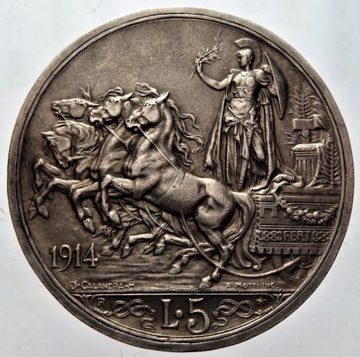 Italië - Koninkrijk van Italië - 5 Lire 1914 "Quadriga briosa" Vittorio Emanuele III - Zilver