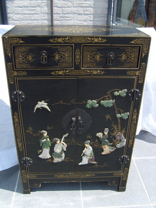 Black lacquer Chinese cabinet with soapstone decoration - China - 2nd half 20th century