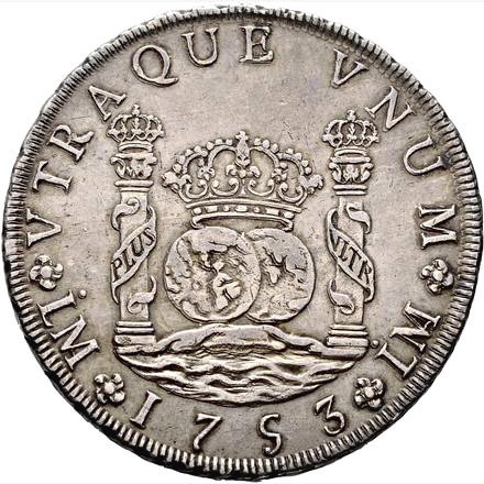 Spanje - Fernando VI (1746 - 1759) 8 reales tipo columnario - Ceca de Lima en 1753. Ensayador J. - Zilver