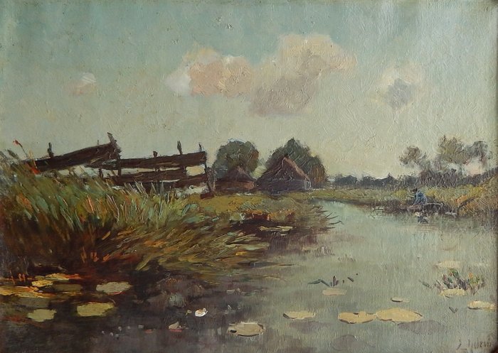Egnatius Ydema (1876 - 1937) - Landschap met water en visser in bootje