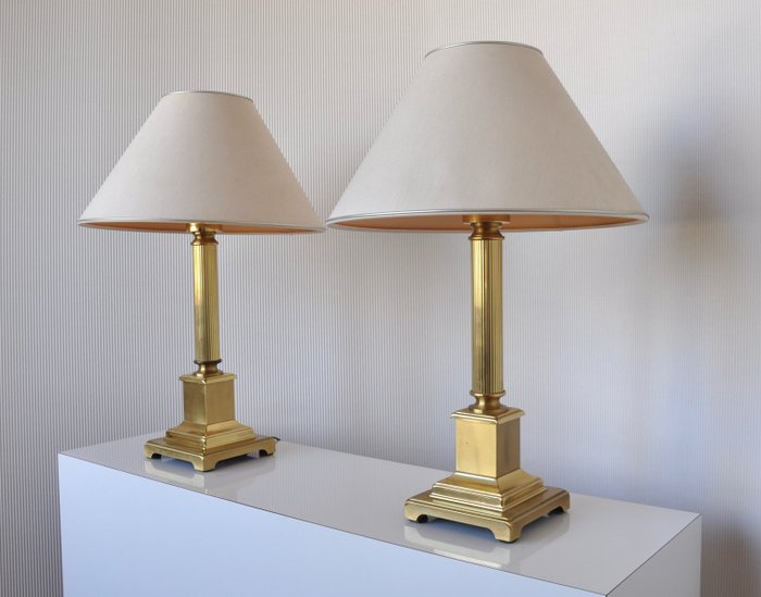 Herda Lighting - Chic, heavy model brass table lamps with original lamp shade - Hollywood Regency style (59 cm)
