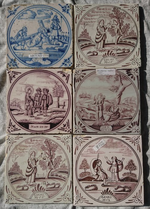 Six antique tiles with biblical depictions
