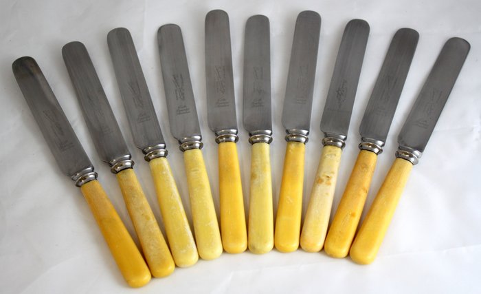 made in England Vintage Bone Handled Dinner Knives Celluloid handled Flatware 10 Antique Knives