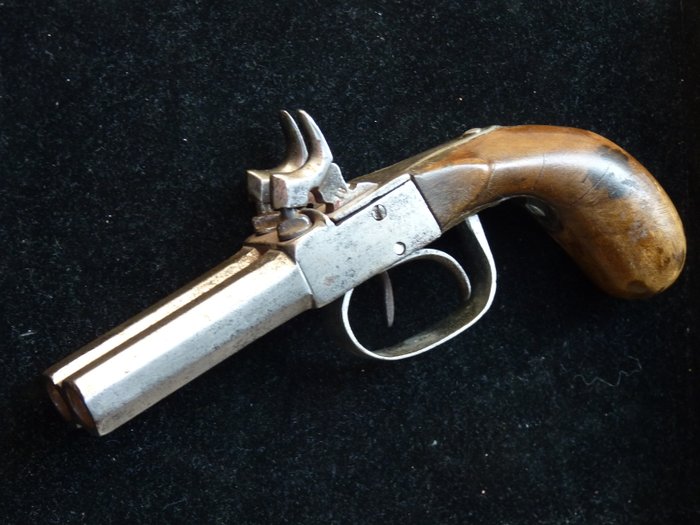 Antiek 1840-1850 zwart kruit dubbelloops percussie pistool, Belgie,Luik.
