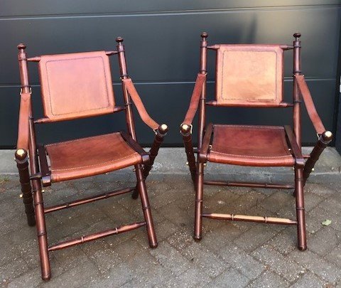 Two Classic Brown Leather Folding, Leather Folding Chairs