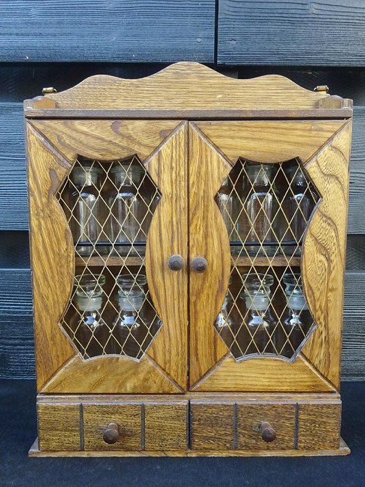 Wood Spice Cabinet With 2 Drawers And 12 Pharmacist S Glass Catawiki