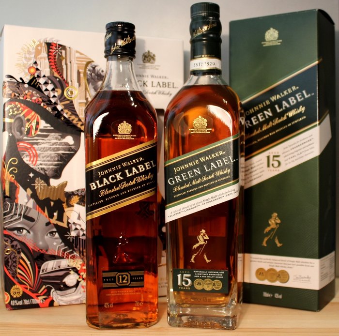 2 bottles - Johnnie Walker Whisky: Green Label, aged 15