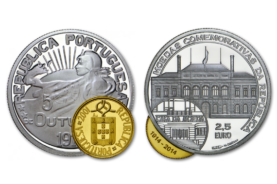 葡萄牙 - República - 2 ½ Euro - Centenário da Primeira Moeda da República - Excêntrica -  2014 - Proof - Rara - 金, 银