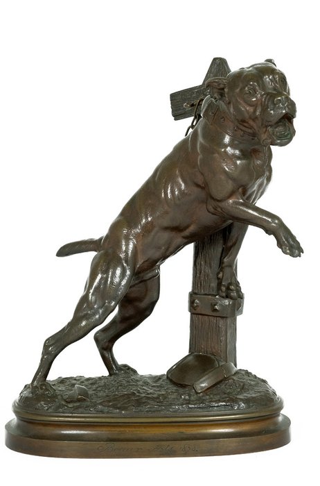 Prosper Lecourtier (1851-1924) - bronzen sculptuur van waakhond aan ketting getiteld 'Prenez Garde au Chien' - Frankrijk - ca. 1900