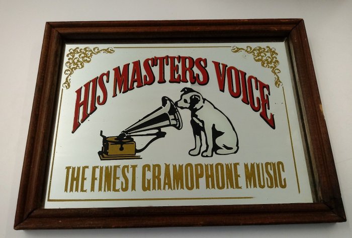 Rare Vintage HMV His Masters Voice Mirror Picture Advertising Gramophone Music Pub Wall Sign 