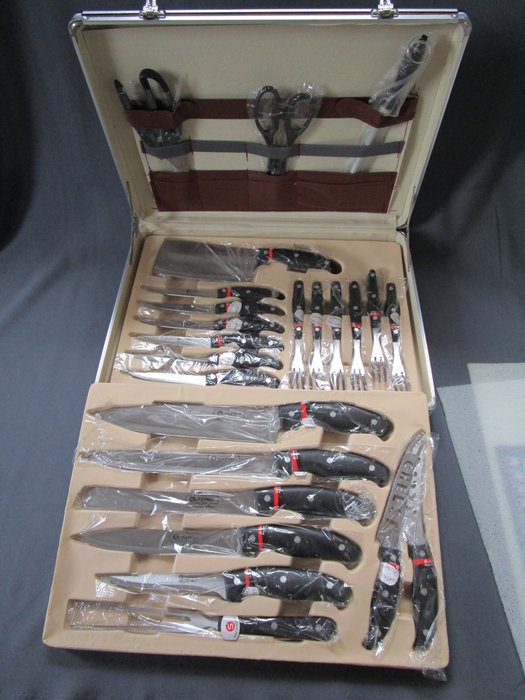 Scheffler - Solingen Deutschland - Qualitäts  Σετ μαχαιριών (12 τεμάχια) & μαχαιροπίρουνα (12 τεμάχια) - Handgearbeitet - im originalem Koffer - όλα τα εξαρτήματα που έχουν ακόμη συσκευαστεί αρχικά