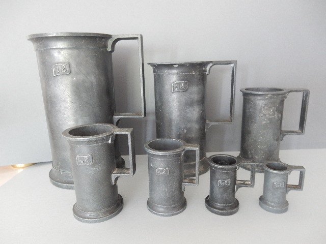 Old measures in pewter "PELTRATO" 95% - The most famous manufacturer of Italian tin - ITALY