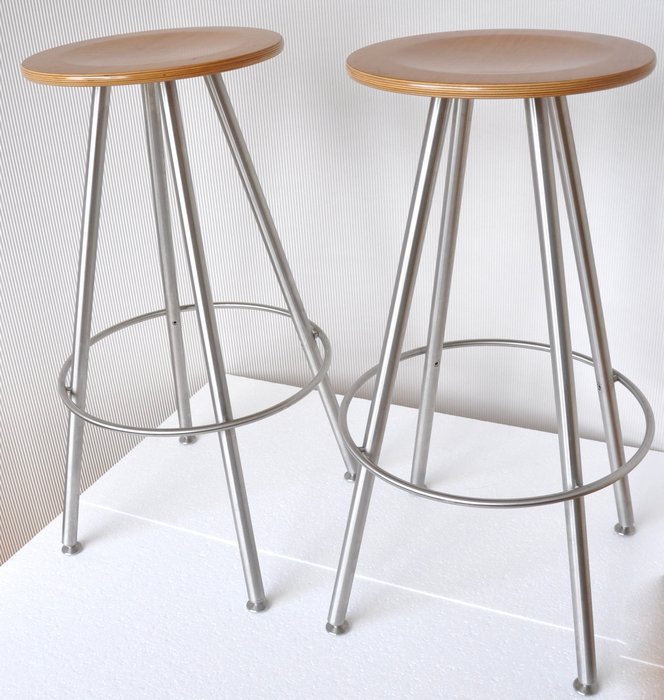 Bulthaup - two high stainless-steel multiplex beech bar stools