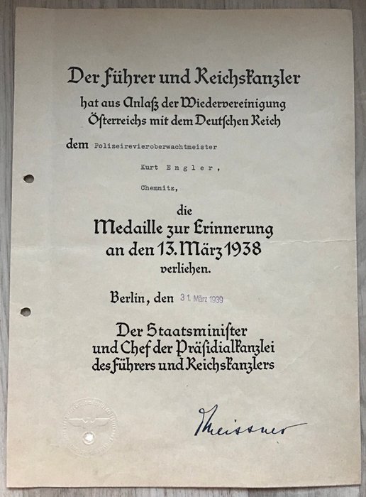 Bildergebnis für medaille 1. oktober 1938 verleihungsurkunde
