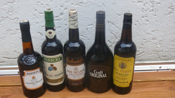 Sherry: Harveys "Bristol Cream" & Fine Old Pale Cream - Croft (100cl) & Fino Pale Dry - Bobadilla "Don Quijote" & Medium Dry - J. de Fuentes Parrilla "Don Fredo" & Oloroso - Fenicio Orleans Borbon - 5 bottles in total