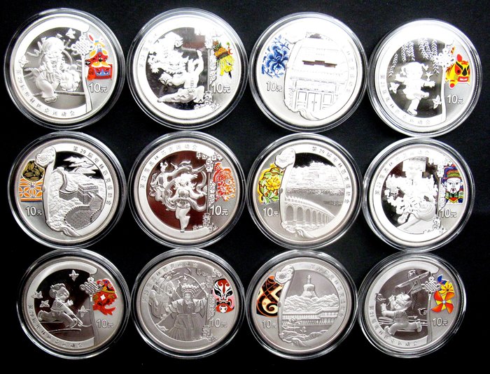 China - 10 Yuan 2008 Beijing Olympics (12 different coins) complete set -12x 1 Oz 999 - Silber