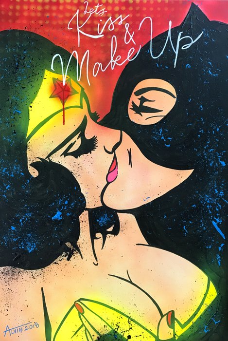 Alvin Silvrants - Sexy Wonder woman & Catwoman kissing pop art 3D. 