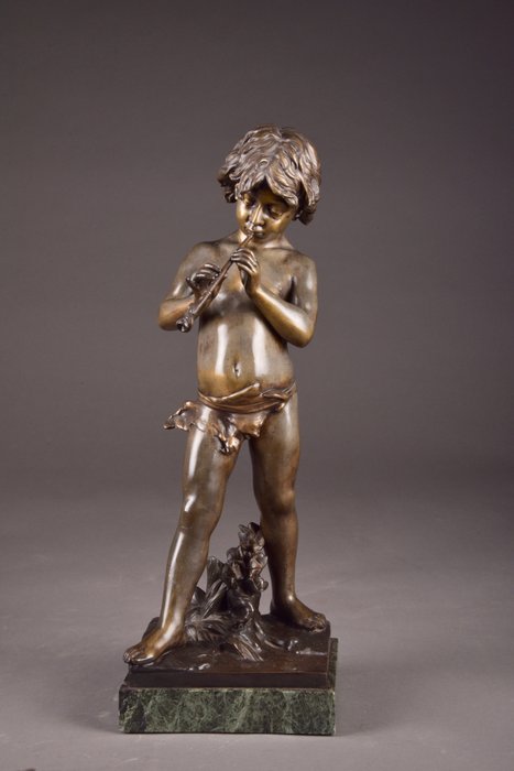 Jean Louis Gregoire (1840-1890) - large zamak sculpture of a boy playing the flute - France - end of 19th century