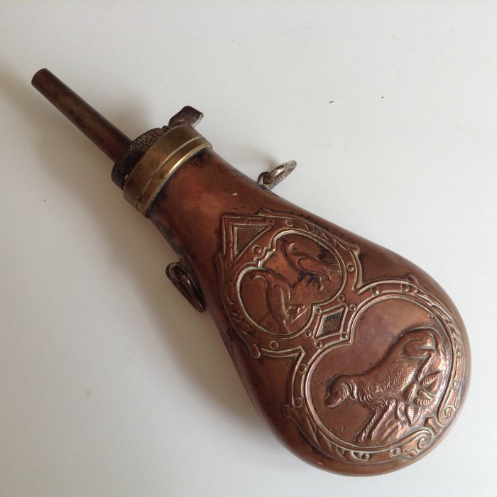 Antique copper powder box, powder horn, gunpowder flask, 19th century