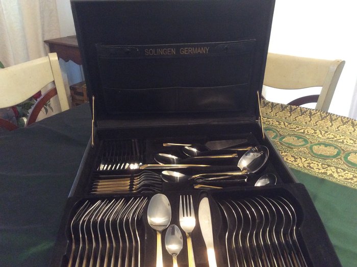 Cutlery set in a case, SOLINGEN GERMANY, 72 pieces, 18/10, stainless steel and silver-gilt, Art Deco style, from the 1990s