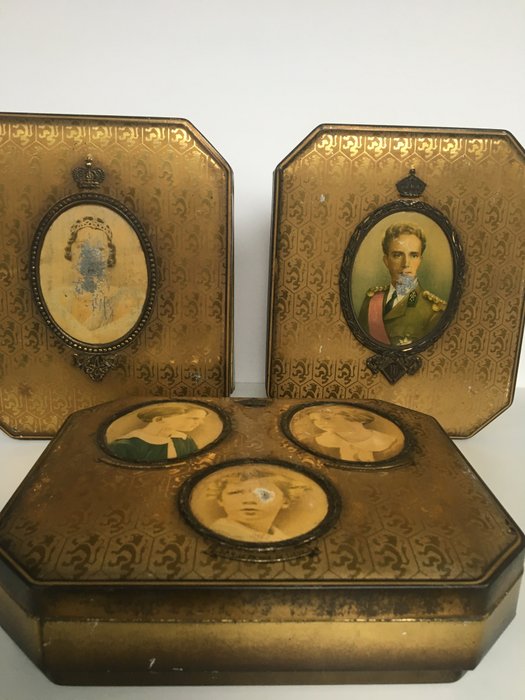 3 Antique large tin boxes. King Leopold III & Queen Astrid with their children.