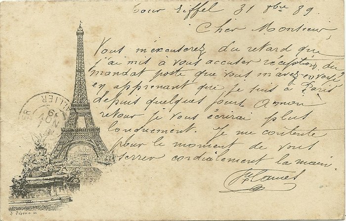 Exceptional Eiffel Tower by Libonis post card circulated October 13, 1889 in Paris