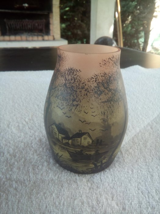 P. Jost for Verrerie Dolhain - vase in molten glass with hand painted landscape decoration
