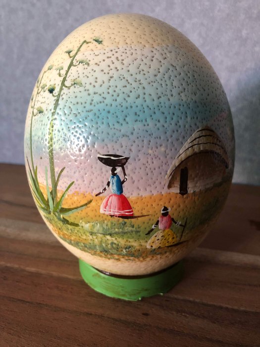 A Hand Painted Ostrich Egg On A Stand Catawiki