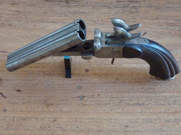 1850-1860 Double barrel folding trigger pinfire black powder pistol, Belgium,Liege.
