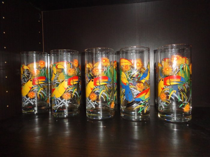 Cerve Glassware Italy - 10 Tall Glasses Tropical motif - Retro Vintage Collection