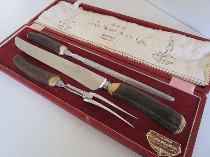Silver Plate & Stag Horn Handled Carving Set, Lewis, Rose & Co Ltd, Sheffield, England, ca 1930
