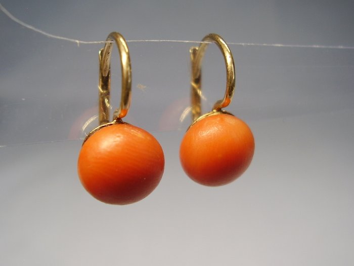 Antique 14 kt Victorian gold earrings with large Sardinia coral beads totalling 7 ct