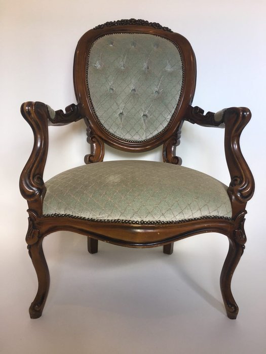 Wooden Arm Chair With Light Green Velvet Upholstery Louis Seize