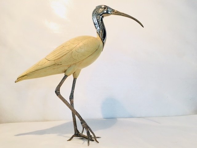 Malevolti Ibis bird sculpture from Italy. Silvered metal and resin. (Lot 2)