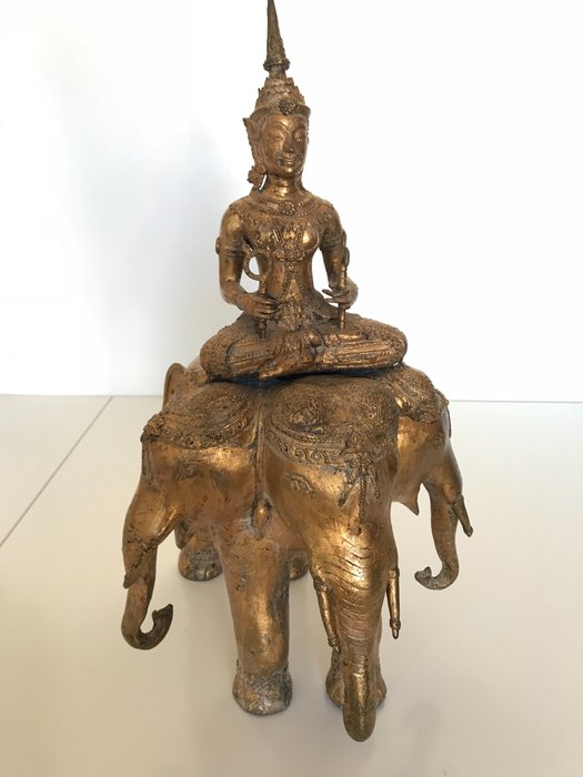 Airavata three-headed elephant carrying the god Indra - gold plated bronze - Siam Thailand - middle/late 20th century