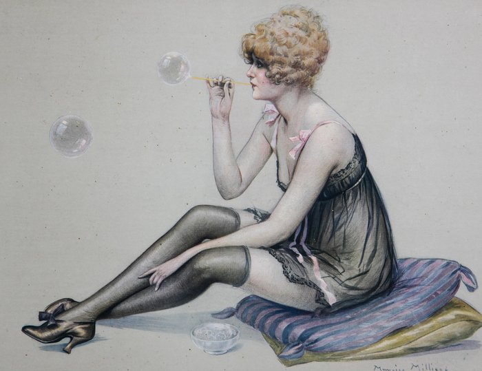 Maurice Millière (1871 - 1946) - Petite femme de Millière, bulles de savon.