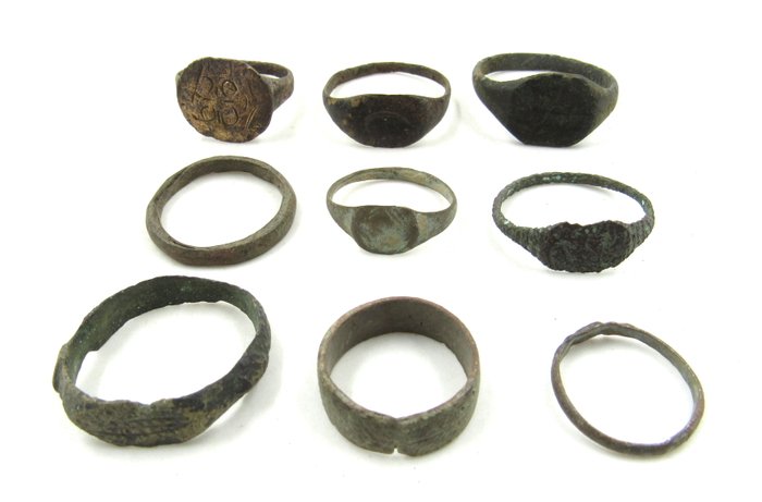 Antiguo a poste Medieval Bronce Lote de 9 anillos - 1.3-2cm - (9)