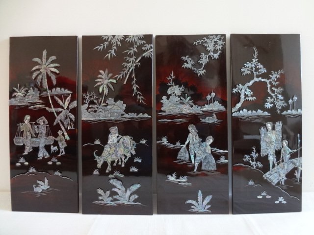 Four lacquer panels decorated with mother of pearl – Vietnam - late 20th century