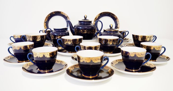 Russian Imperial Lomonosov Porcelain 3 set tea cup Cobalt Grid Cage 22K Gold 