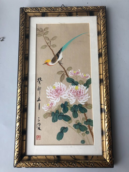 piano uniek Gehakt Chinees schilderij op zijde geschilderd vogel op pioenroos - Catawiki