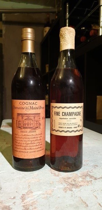 Cognac Domaine du Maine Brun - vieille réserve (bottled 1980s) + Cognac Fine Champagne - Peuchet et Cie (bottled 1970s) / 2 bottles.