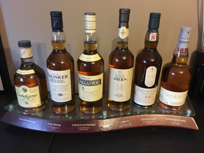 6 bottles - Classic Malts Collection: Dalwhinnie, Talisker, Cragganmore, Oban, Lagavulin & Glenkinchie - including display stand