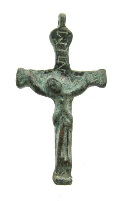 中世紀的十字軍時代 青銅色 十字架吊墜描繪耶穌基督 - 5.2x2.7cm