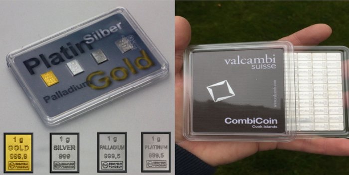 1 克, 100 克 - 金色, 鈀金, 鉑金, 銀 .999 - 瑞士Valcambi - 封印+證書