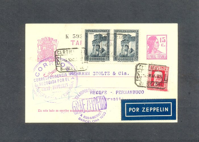 Spain 1933 - Postal number circulated by certified mail and by Zeppelin ...