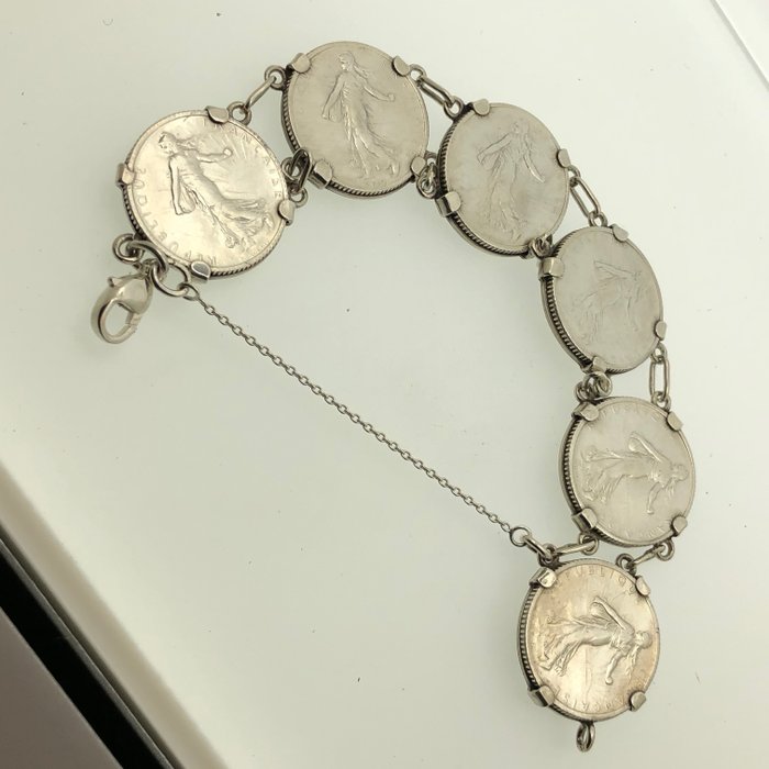 925 silver bracelet, 6 semeuse coins of 1 Franc, 835/°° silver, 20 cm